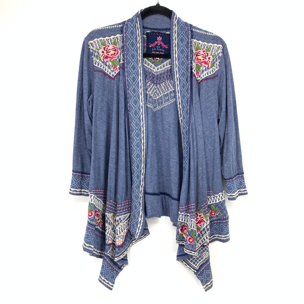 Johnny Was Cardigan Womens Large Blue Floral Embroidered Draped Open Front Boho